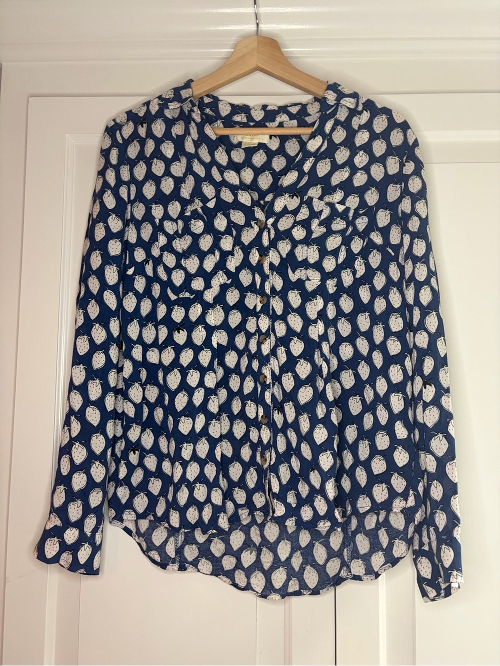 Anthropologie Navy strawberry Print Button-Down Blouse